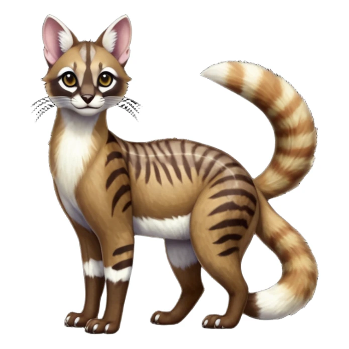 Colorful dark chocolate-brown tropical beige, white fur iridescent glorious divine exotic cute cool beautiful shiny beautiful fantasy-caracal-civet-genet-sergal-vernid-Cacomistle-oncilla-animal-Fakémon-hybrid-fursona with pattern markings (full body) sticker