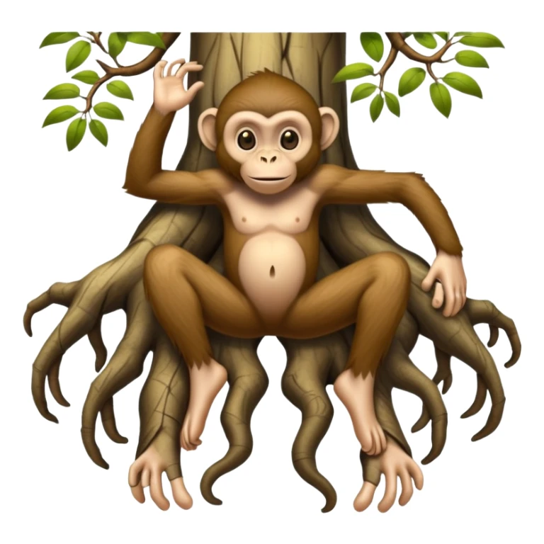 A creature with realistic human feet at the bottom, tree roots forming the legs, and a cartoon monkey face on top sticker