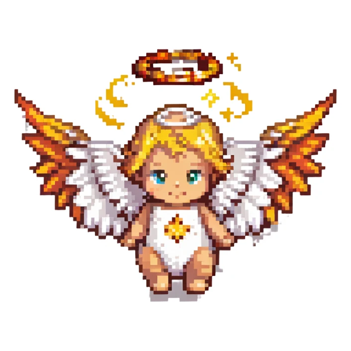 baby fire angel, pixel art, small wings, golden halo, fire elements sticker