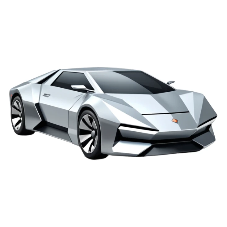 A futuristic chrome car emoji, sharp geometric body design inspired by cybertruck aesthetics, smooth silver metallic surface, matte and glossy chrome mix, minimal details, soft reflections, clean edges, iOS emoji style, centered, clean white background, soft studio lighting, no text sticker