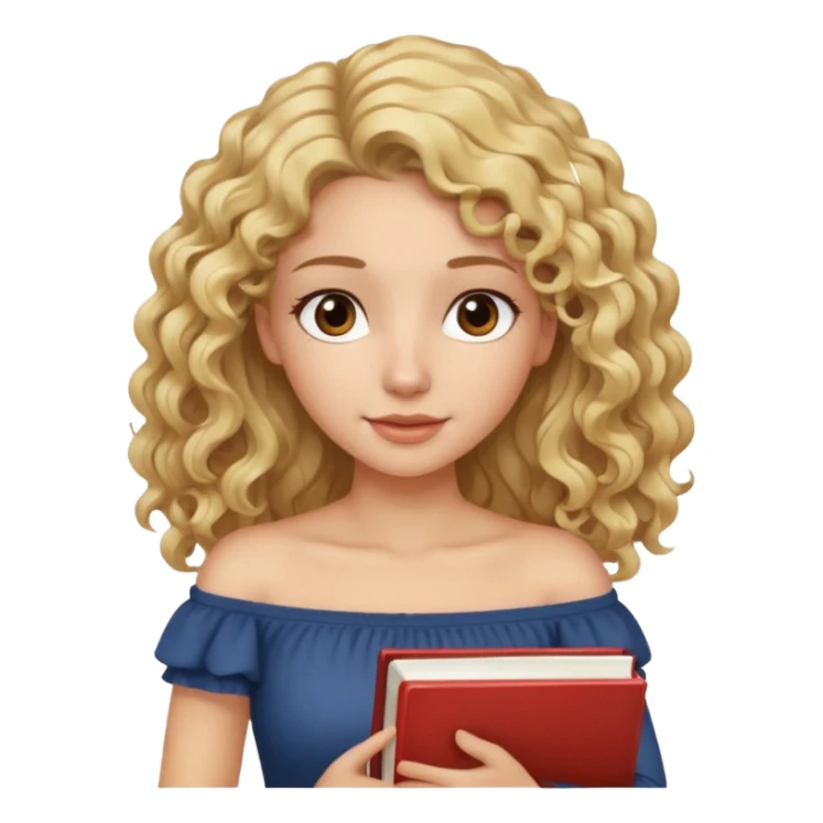 woman with long curly blond hair, brown eyes, wearing an off-shoulder top, studying sticker