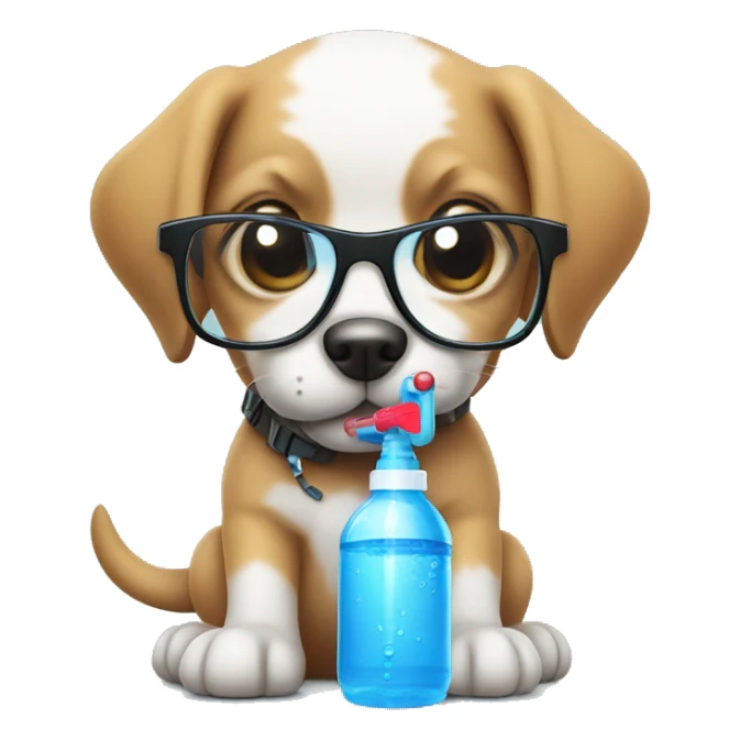 Puppy with glasses holding a water gun in a cool way sticker