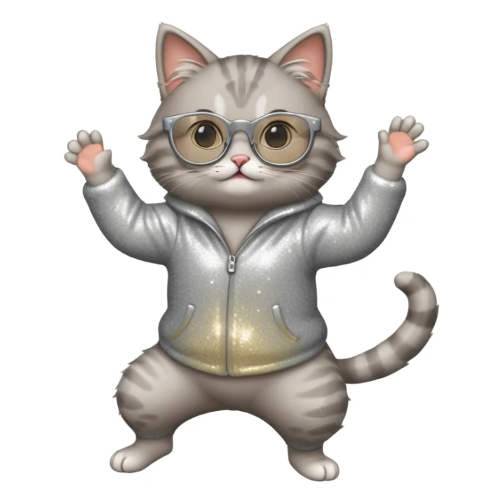 A cat with sparkly glasses dancing awkwardly on its hind legs.


















 sticker