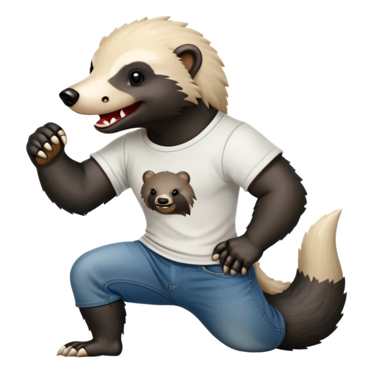 mischievous anthropomorphised honey badger in jeans and a t-shirt, playful expression sticker
