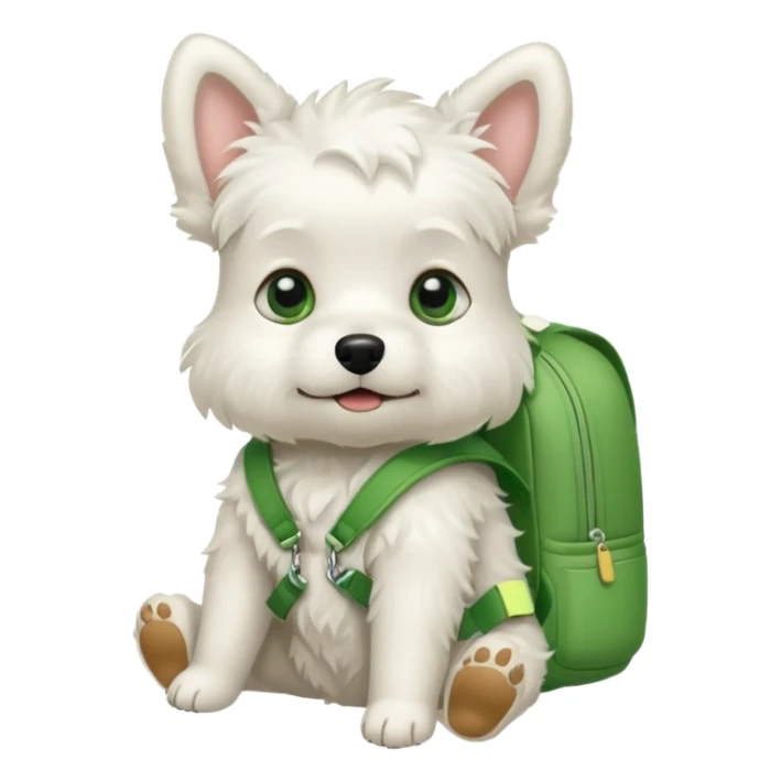 baby white dog wear green backpack sticker