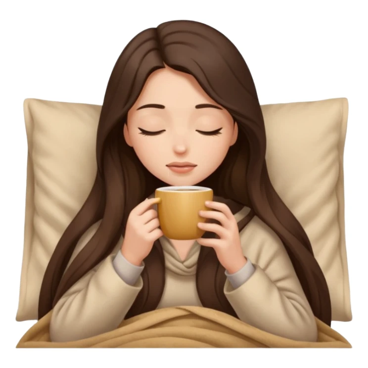 Brunette girl long hair inside a beige blanket sipping coffee eyes closed sticker