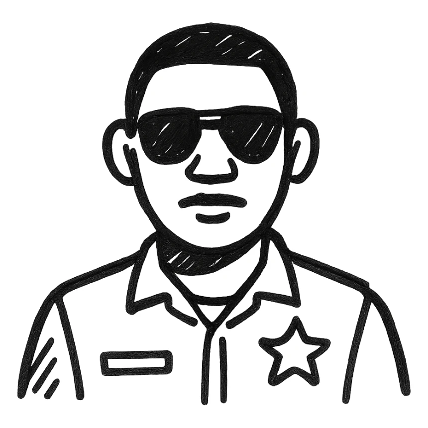 black policeman with sunglasses, no hat, hand drawn outline style sticker