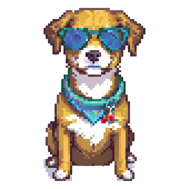 dog wearing sunglasses, pixel art style sticker