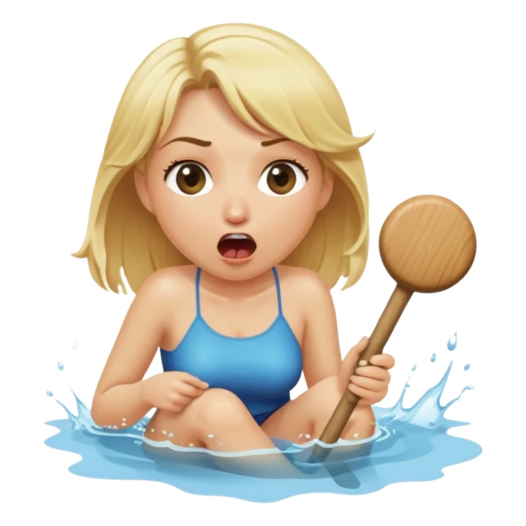 blond woman sitting on her knees, biting a wide stick with a D-shaped knob, both the same color as her skin, the knob has visible skin texture, water jet shooting from the flat side of the knob into her mouth, surprised look sticker