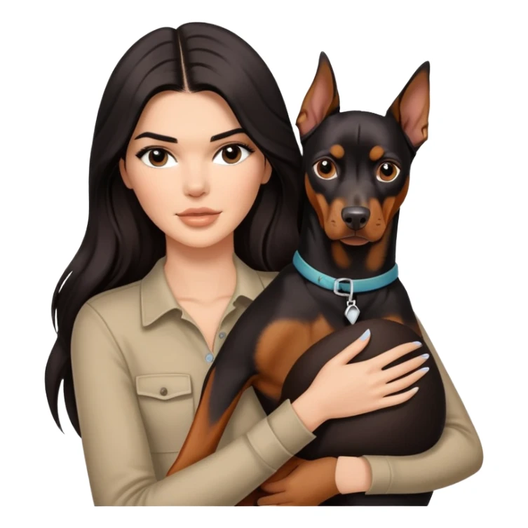 Kendall Jenner with long dark hair holds a Doberman Pinscher in her arms sticker