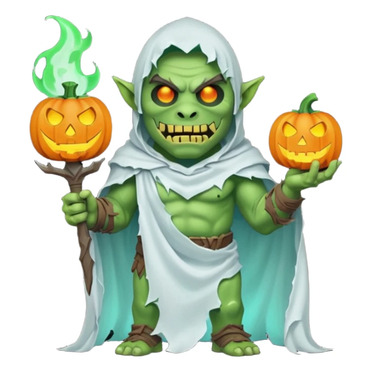 male orc warrior ghost emoji, green skin, tusks, wearing torn white ghost sheet costume, holding glowing jack-o'-lantern, faint blue aura, friendly but spooky expression, Halloween fantasy theme, Apple emoji style, clean white background, square sticker