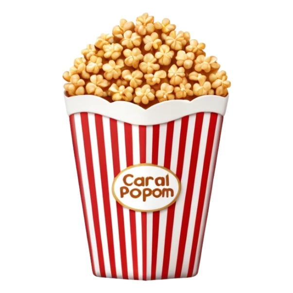 minimalist caramel popcorn in a red and white vertically striped package, golden brown caramel-covered popcorn, no text on package, only red and white stripes, glossy iOS emoji style sticker