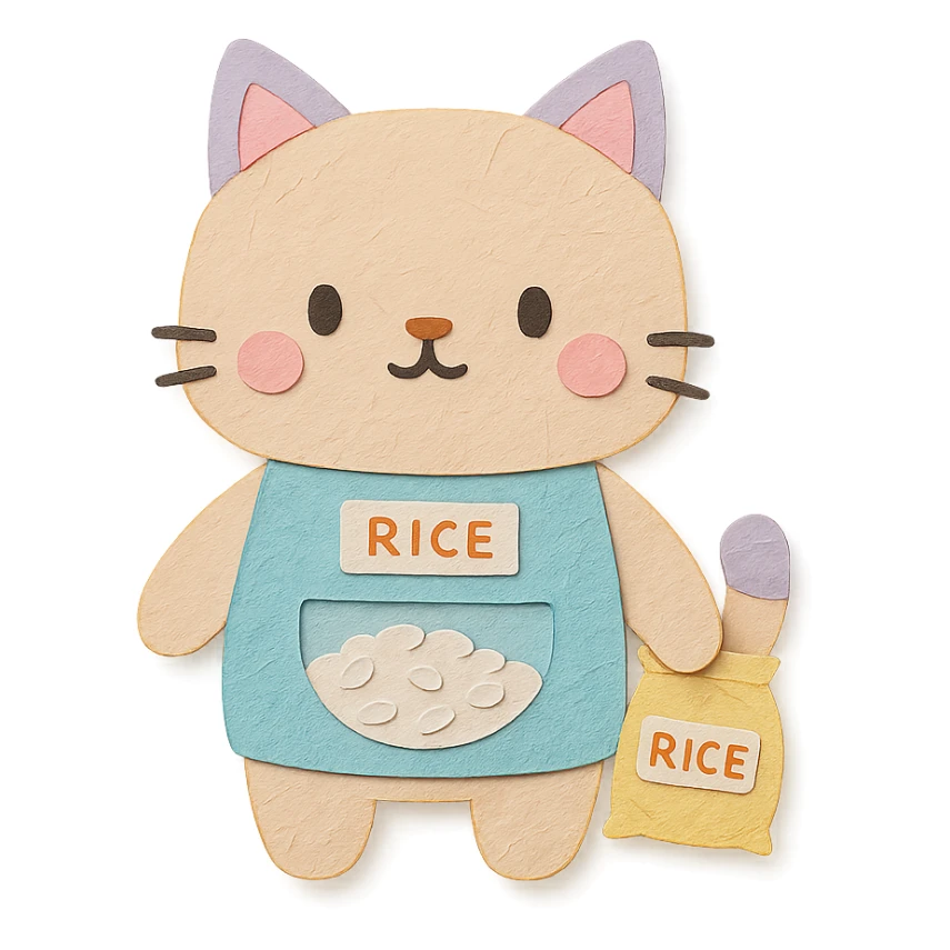 chibi rice dispenser cat standing with a tiny rice bag, soft pastel colors, full-body sticker
