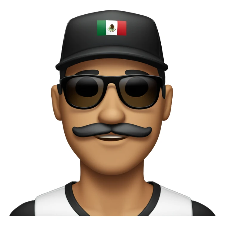 mexican guy with mustache and goatee wearing black sunglasses and black baseball hat sticker