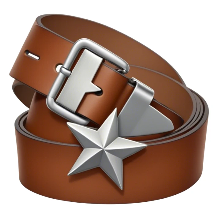 A standalone leather belt, folded neatly, brown color with a silver buckle featuring an engraved star symbol — no background, no person sticker