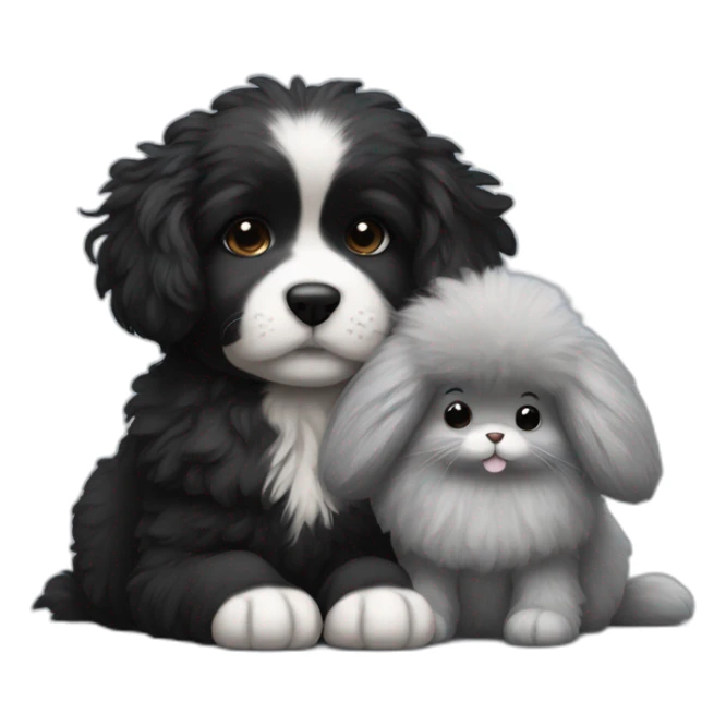 Black small fluffy dog laying with gray small fluffy bunny sticker