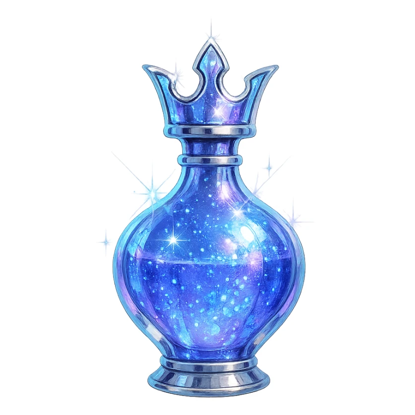 small crown-shaped luxurious elixir bottle, color #7986cb, iridescent and silver details, ultra intense magical glowing and sparkling effects, very small neck, seamless bottom, transparent background, floating, no base or shadow, modern, matching a collection sticker
