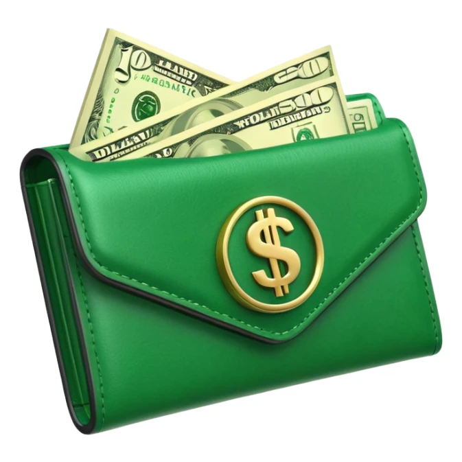 Rich emoji style greenleather wallet with dollar bills, luxury money vibe, premium 3D emoji, ultra clean, high detail, no background sticker