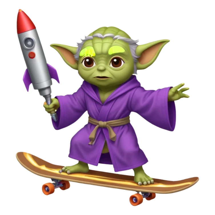 yoda in a purple robe using a rocket as a skate sticker