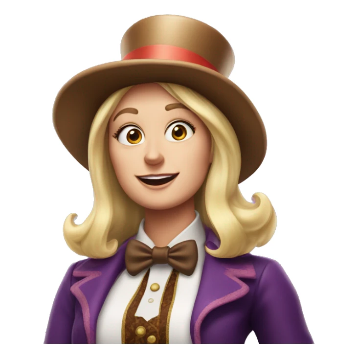 mujer rubia disfraz de Willy Wonka con sombrero estilo disney sticker