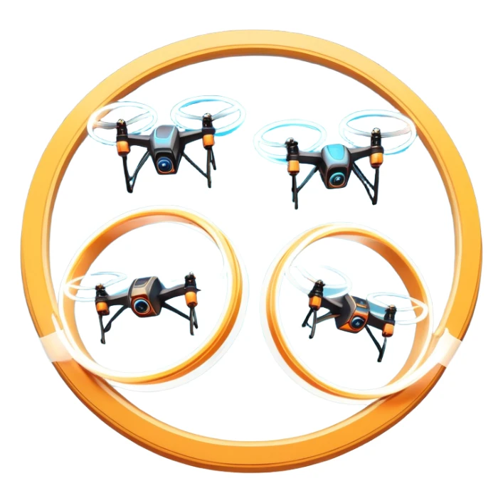 An icon featuring two racing drones flying at high speed through glowing rings on an obstacle course. Motion blur and a dynamic aerial path show intense competition. A controller appears in the corner. Transparent background highlights the thrill and precision of drone racing. sticker