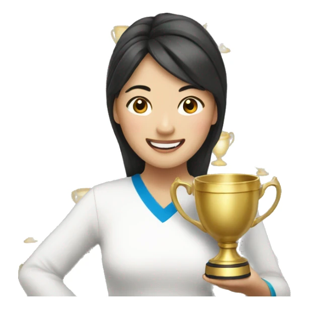 asian happy woman with a gold champion cup sticker