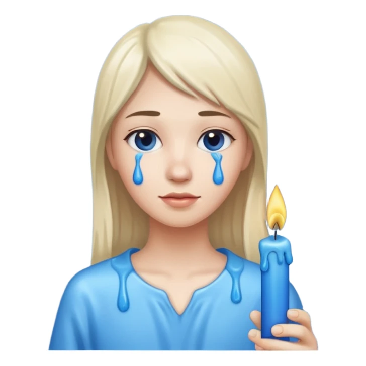 A blue candle held by a hand at 45 degree angle, wax dripping down sticker