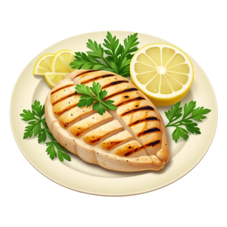 Draw a grilled chicken breast on a plate with herbs & lemon slices. sticker