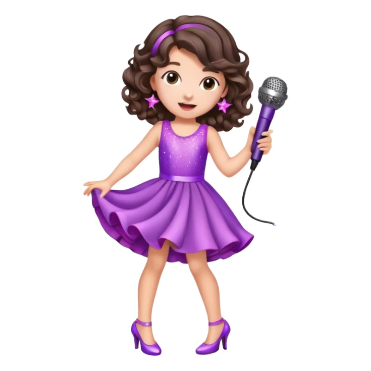 Cute Little brunette girl with curled hair singing into a microphone and dancing while wearing pink and purple and sparkles and high heel shoes sticker