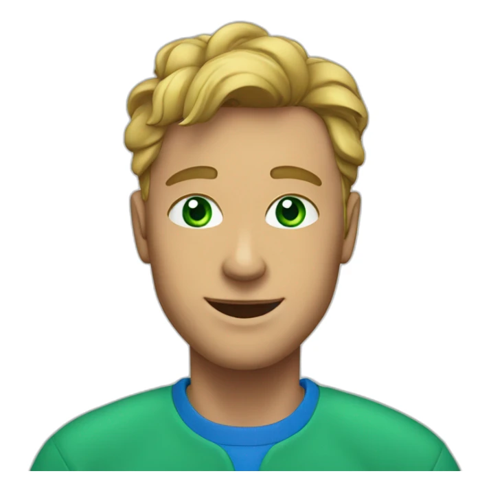 a man, green eyes, blue sweatshirt, green rubies on his head, waves hello sticker