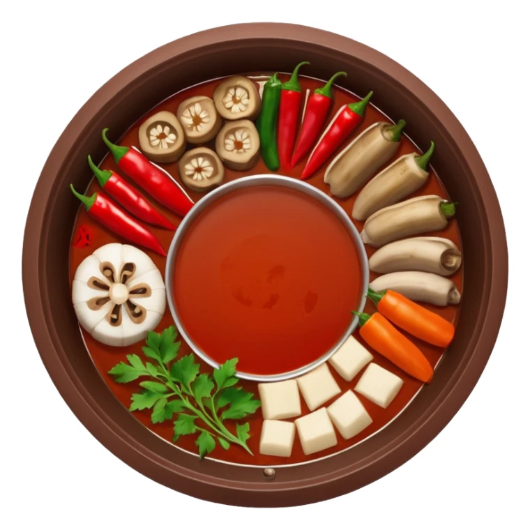 A hot pot emoji in top-down view. The pot is divided into two sections: one with spicy red broth filled with chili peppers, and one with mild white broth. Surround the pot with rolled slices of meat, vegetables, and mushrooms. sticker