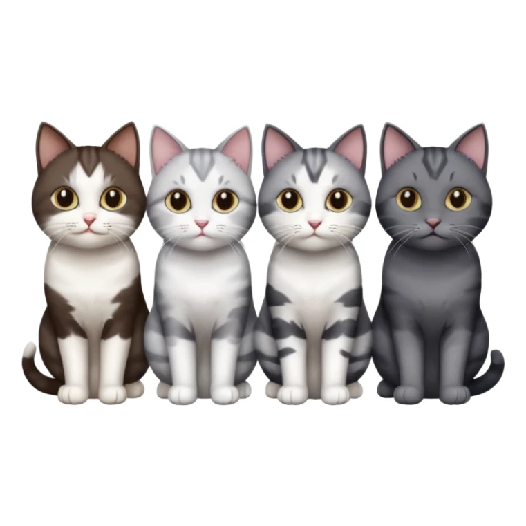 4 different coloured short haired cats including; a dark brown and white cat, and a dark grey and white  sticker