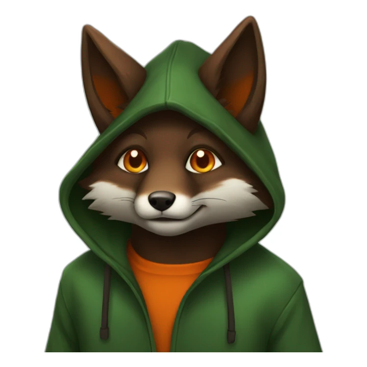 a small dark brown fox with orange eyes with a dark green hood sticker