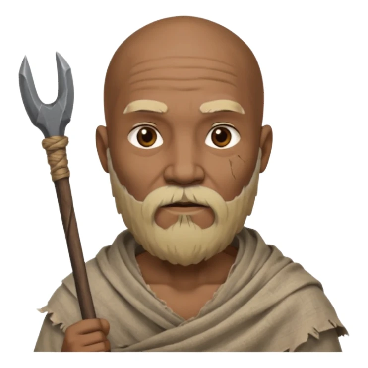 black ancient man, tattered cloth with raw stick weapon, beard and bold sticker