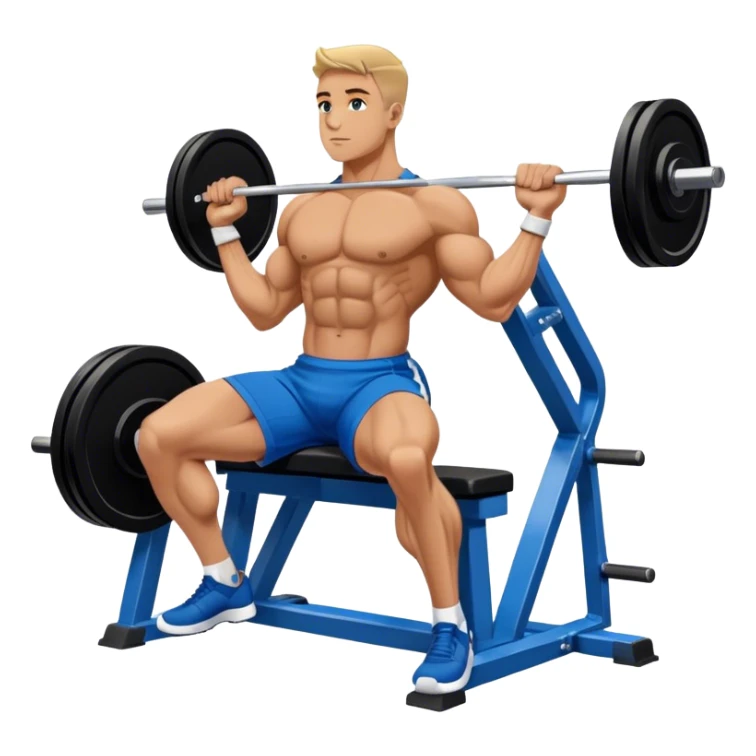 side-view bodybuilder in blue shorts seated weighted calf-raise machine on his tip toes sticker