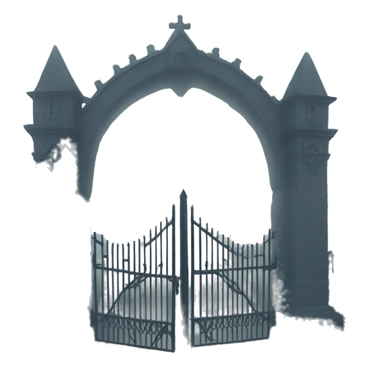 Haunting foggy graveyard gate at noon, light fog sticker