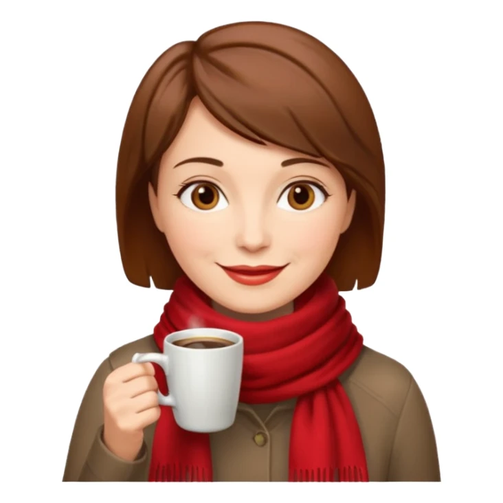 a middle age woman with brown short hair, having red scarf, drink coffee, enjoy sticker
