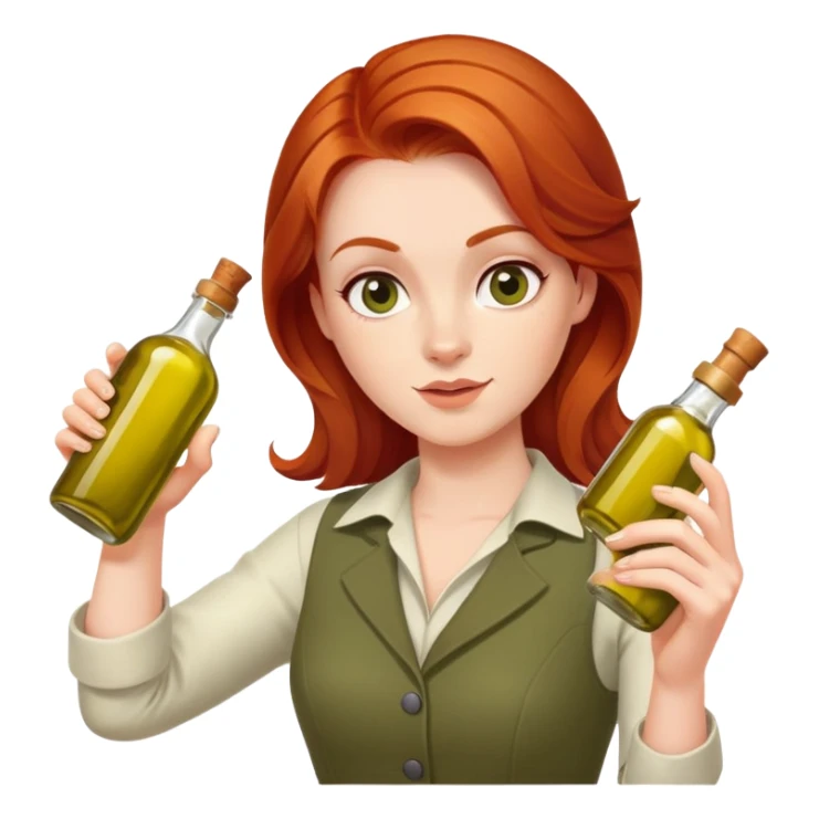 redhead person holding olive oil bottle like a pistol, playful pose sticker