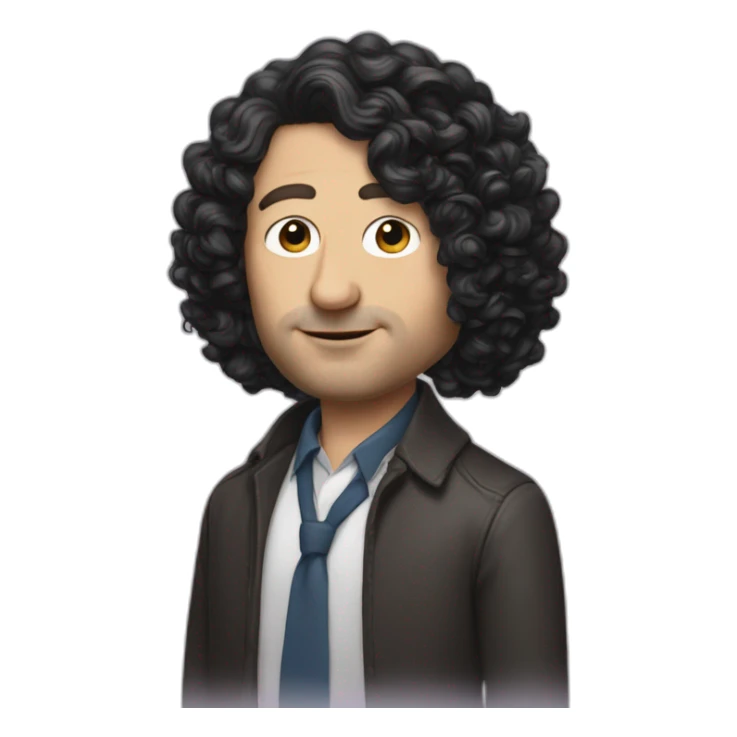 tim robinson with shoulder length curly black hair, wide triangular shape sticker