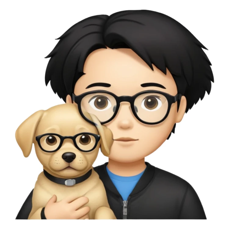 A Chinese black haired boy with black glasses holding one Labrador Retriever sticker