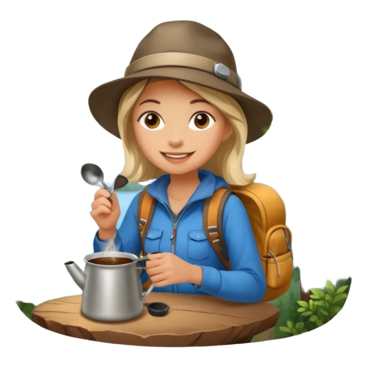 A cheerful female camper brewing coffee in a small metal pot sitting sticker