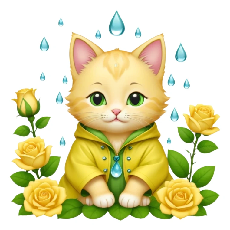 A soft green kitten with raindrop patterns, a rose tucked behind one ear, wearing a yellow raincoat, sitting among blooming flowers. sticker