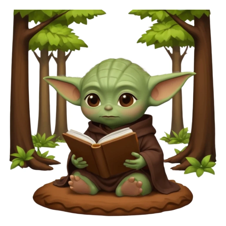 Baby Yoda con su tunica chocolate leyendo en un bosque sticker