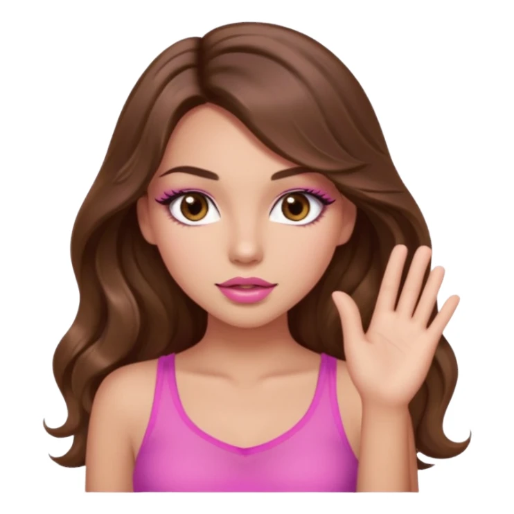 girl with long wavy brown hair, brown eyes, light to medium complexion, in a pink sexy top, pink lips, long lashes, silent motion with the hand sticker