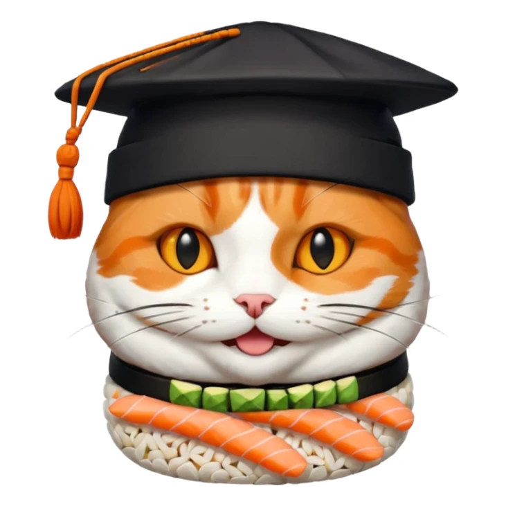 happy cat wearing a hat made out of sushi pieces sticker