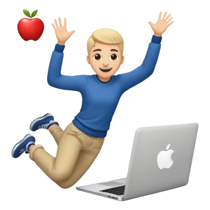 crazy student with laptop, jumping with excitement, apple style emoji sticker