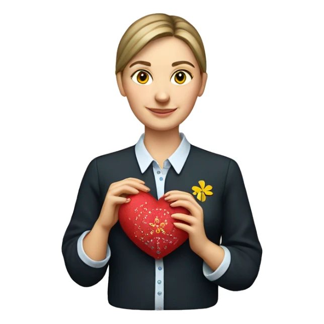 A Ukrainian teacher in an embroidered shirt holds a heart in her hands sticker