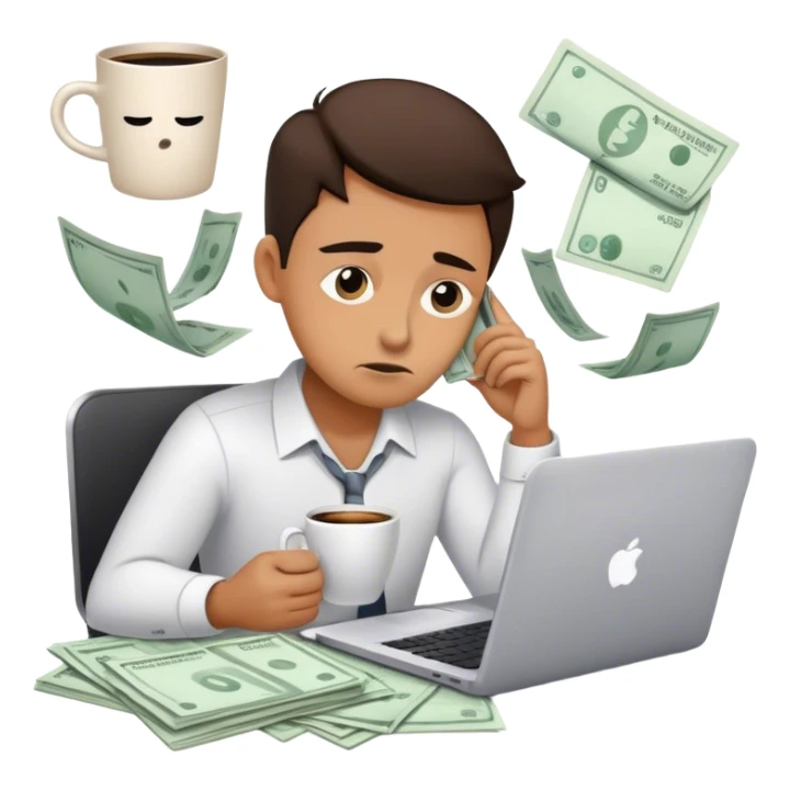 Create an emoji of a tired entrepreneur sitting at a laptop, surrounded by floating invoices and bills. The character looks exhausted, with dark circles under their eyes and a coffee cup in hand, symbolizing constant financial stress." sticker