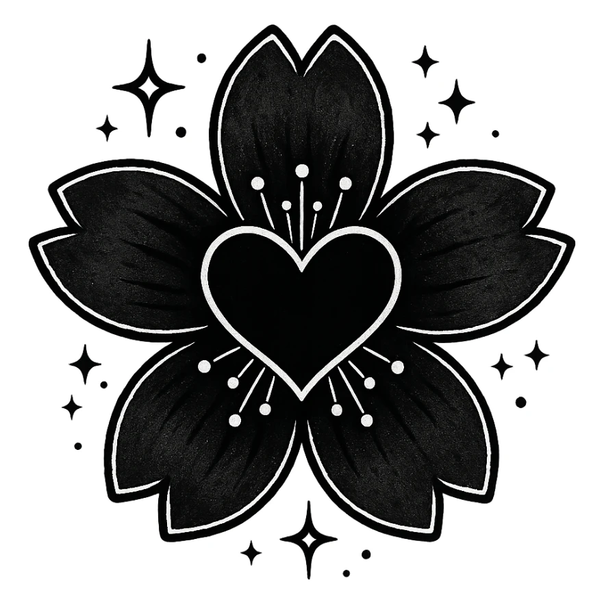 goth sakura black heart with  and magical sparkles, remove background sticker