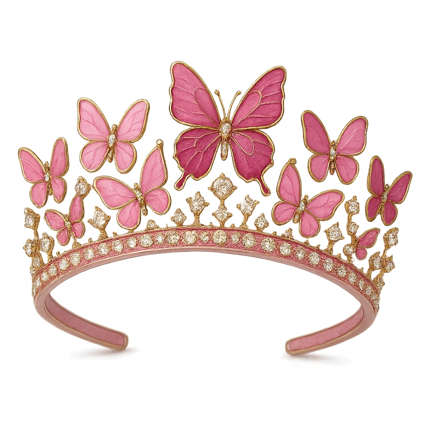 butterfly crown with a pink base, butterflies in different pink tones with enamel finish, sparkling gems, transparent background sticker